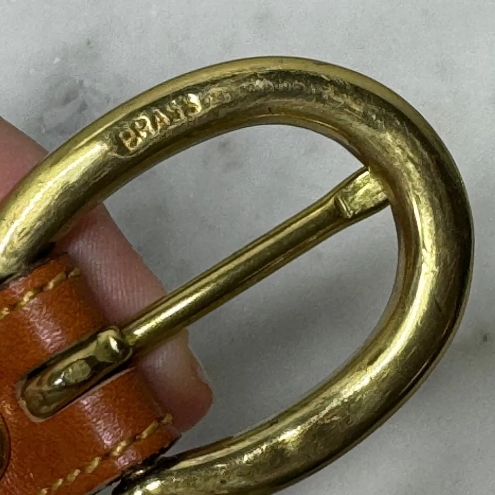 Vintage Dooney Bourke Thin All Weather Leather Belt L Tan Brass Duck Old Money